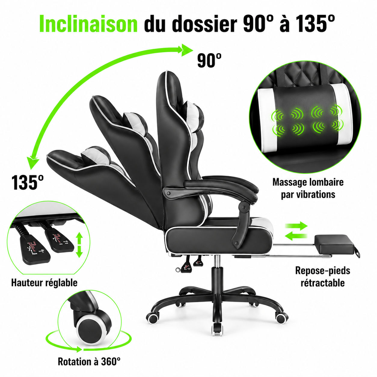 Chaise de Bureau Ergonomique Massante avec Repose-Pieds et Dossier Inclinable 135°