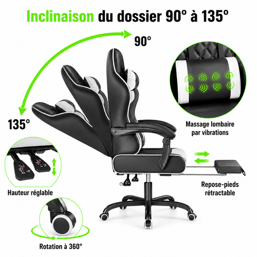Chaise de Bureau Ergonomique Massante avec Repose-Pieds et Dossier Inclinable 135°