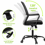 Chaise de Bureau Ergonomique Réglable en Tissu Maillé