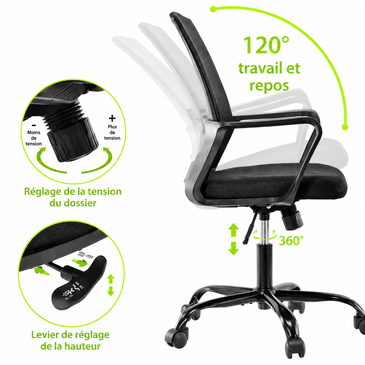 Chaise de Bureau Ergonomique Réglable en Tissu Maillé
