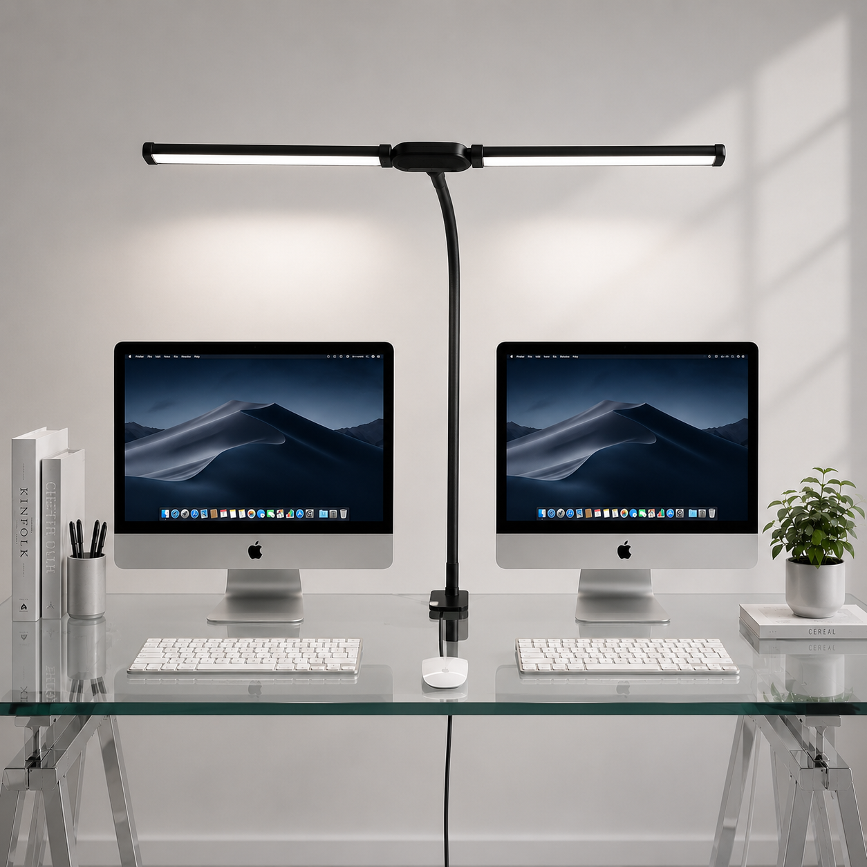 Lampe de Bureau LED Double Tête à Col de Cygne avec Intensité Réglable