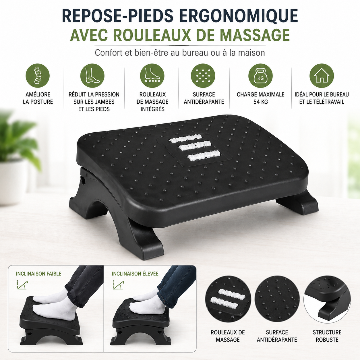 Repose-Pieds Ergonomique Avec Rouleaux De Massage
