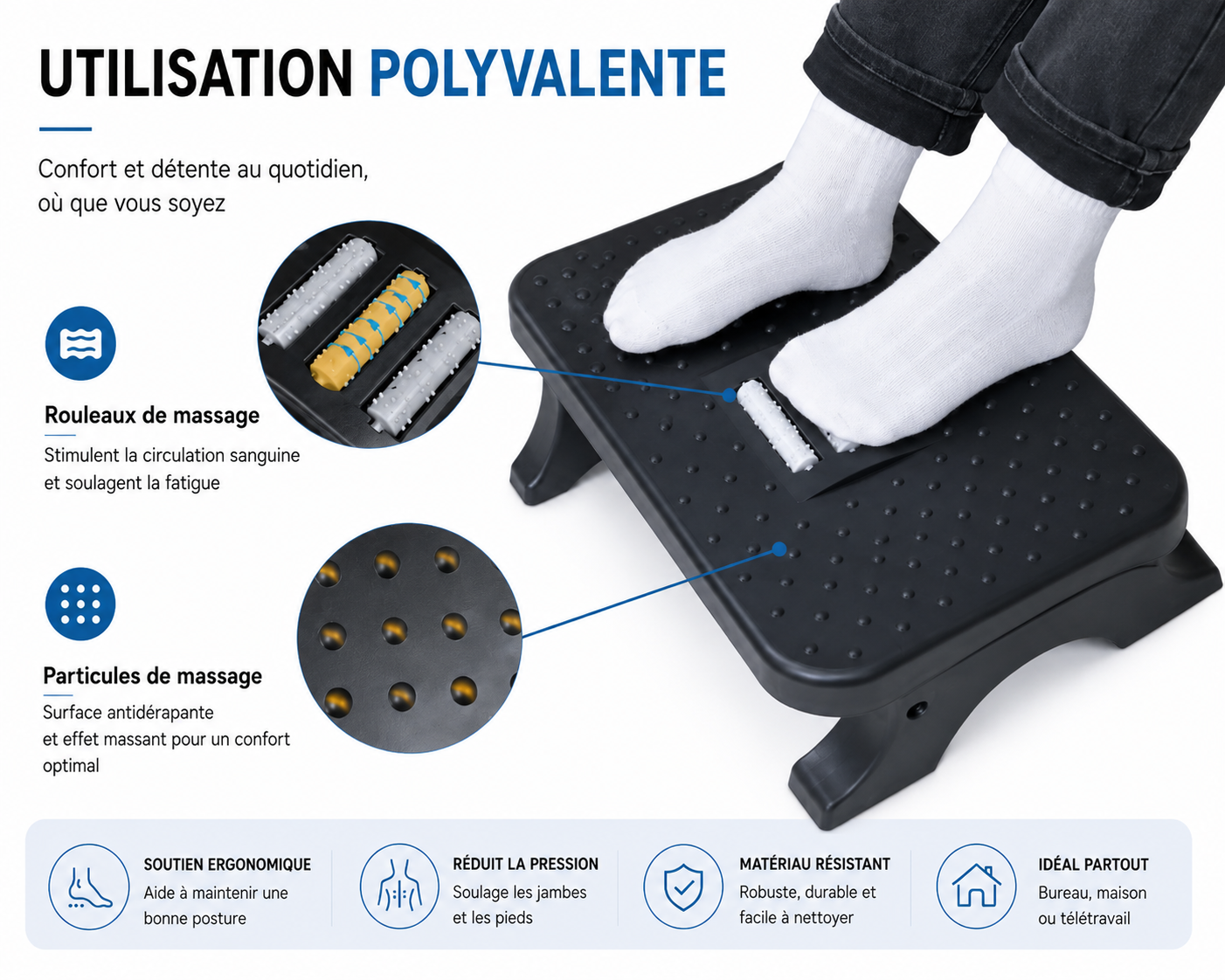 Repose-Pieds Ergonomique Avec Rouleaux De Massage