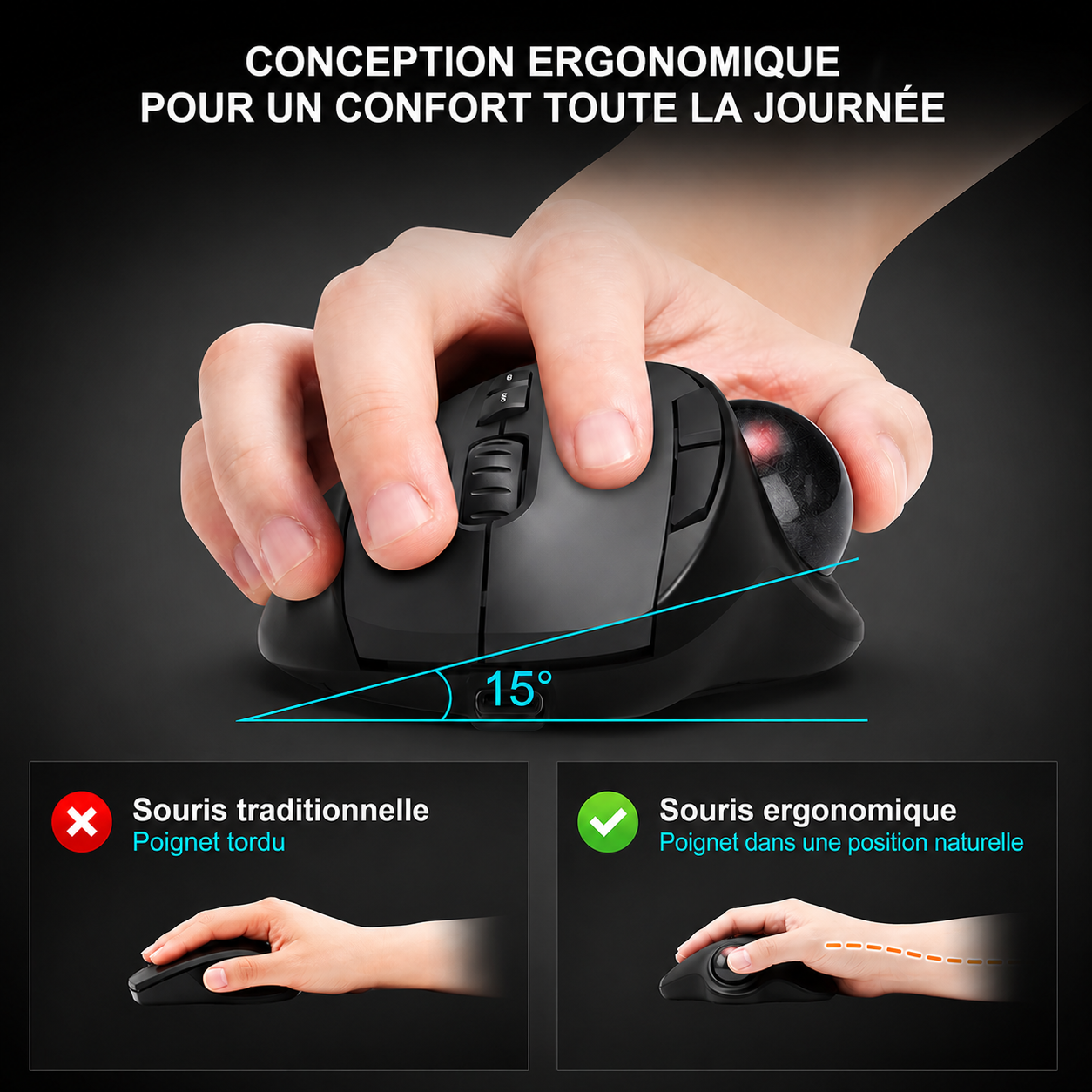 Souris Trackball Ergonomique Bluetooth Rechargeable