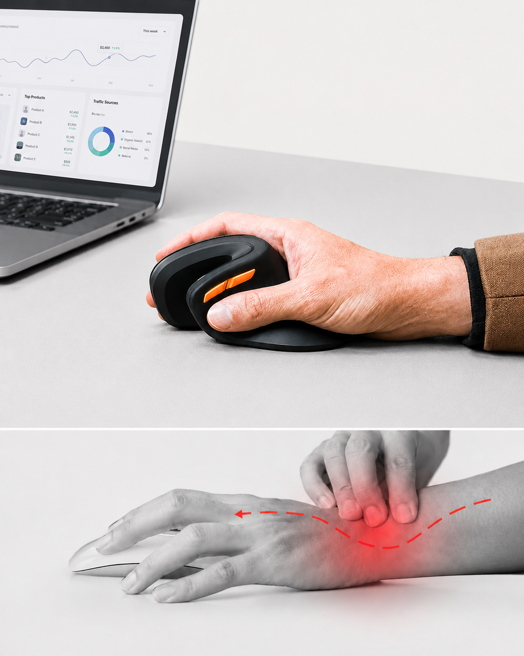 Souris ergonomique verticale sans fil pour ordinateur, iPad, Mac et Windows 3 connexions multi-appareils, DPI réglable