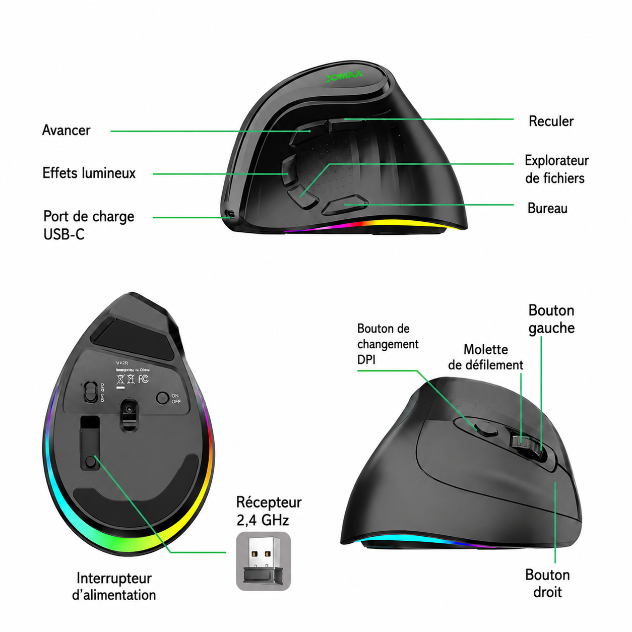 Souris Ergonomique Verticale Sans Fil LED Rechargeable